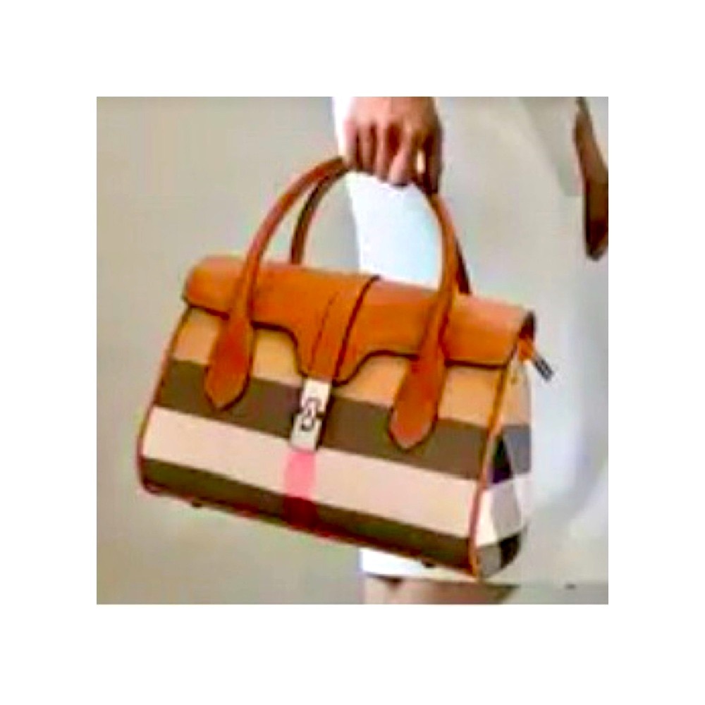 Genuine Leather Top Handle Small Handbag w/Checked Woven Fabric - Picture 8 of 9